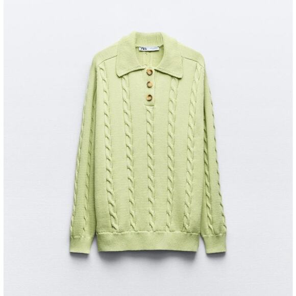 Zara CHUNKY POLO NECK SWEATER WITH BRAID CABLE PATTERN in Lime - Picture 3 of 11